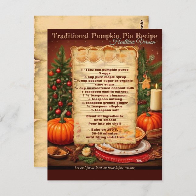 Traditional Healthier Pumpkin Pie Recipe Postcard (Front/Back)