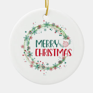 Traditional Holiday: Classic Merry ChrisMas Wreath Ceramic Ornament