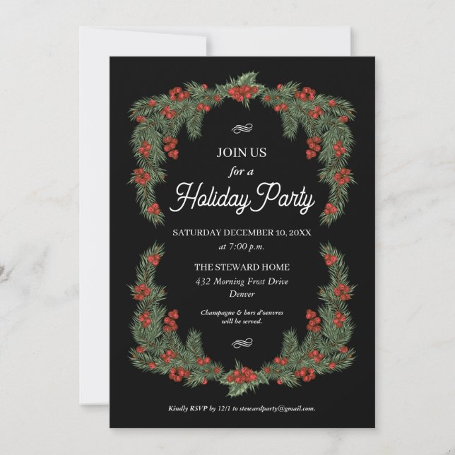 Traditional Holly Garland Green Red Holiday Party Invitation (Front)