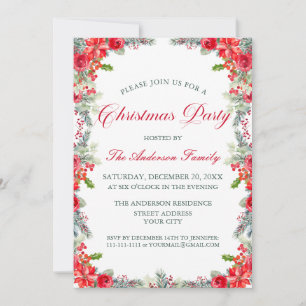 Traditional Holly & Roses Christmas Party Invitation