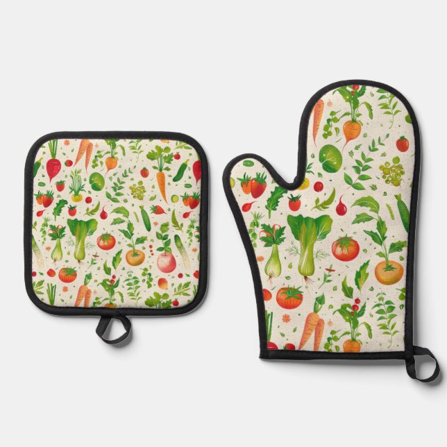Traditional homestyle cooking chef vegetables oven mitt & pot holder set (Front)