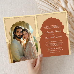 Traditional Indian Arch Terracotta Photo Wedding Invitation