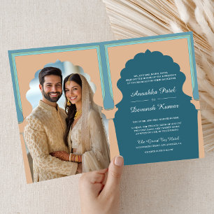 Traditional Indian Blue Arch Photo Wedding Invitation