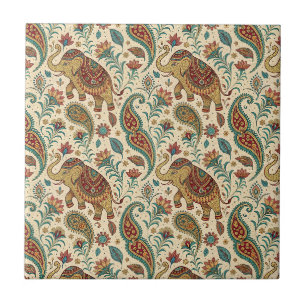 Traditional Indian Elephant Floral Paisley Pattern Ceramic Tile
