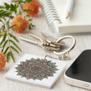 Traditional Indian Mandala Art in Black and Red  Key Ring