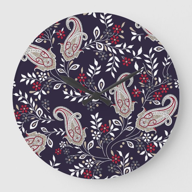 Traditional Indian paisley, seamless pattern. Large Clock (Front)