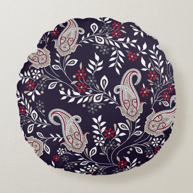 Traditional Indian paisley, seamless pattern. Round Cushion (Front)