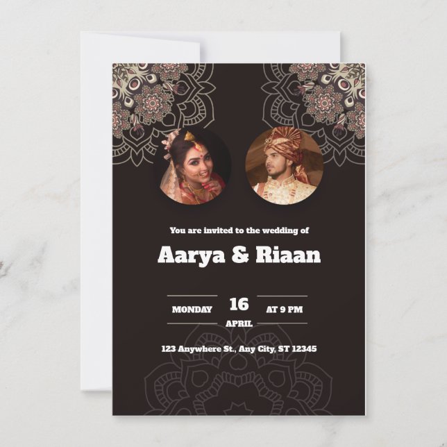 Traditional Indian Wedding Invitation in Black (Front)