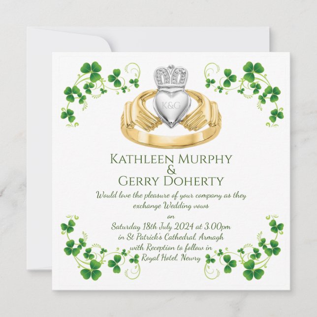 Traditional Irish Claddagh Ring and Shamrocks Invitation (Front)