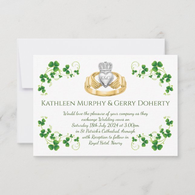 Traditional Irish Claddagh Ring and Shamrocks Invitation (Front)