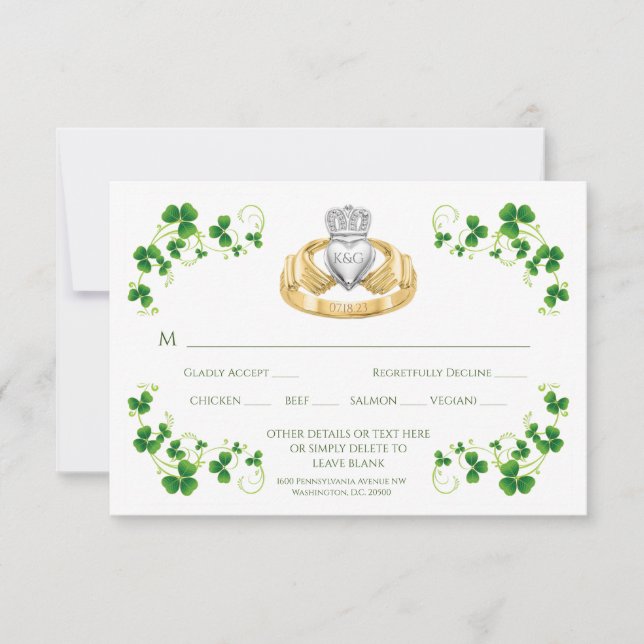 Traditional Irish Claddagh Ring and Shamrocks RSVP Card (Front)
