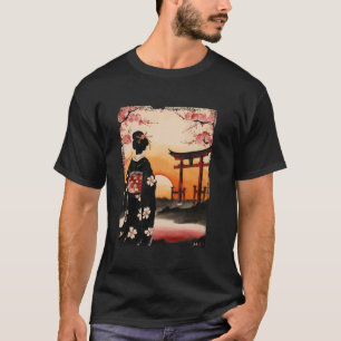 Traditional Japan Themed Sumi Ink Geisha Art T-Shirt