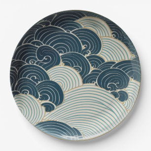 Traditional Japanese Blue Wave Ceramic Design Paper Plate