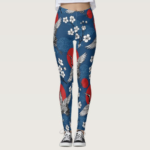 Traditional Japanese Crane and Sakura Zen Pattern Leggings