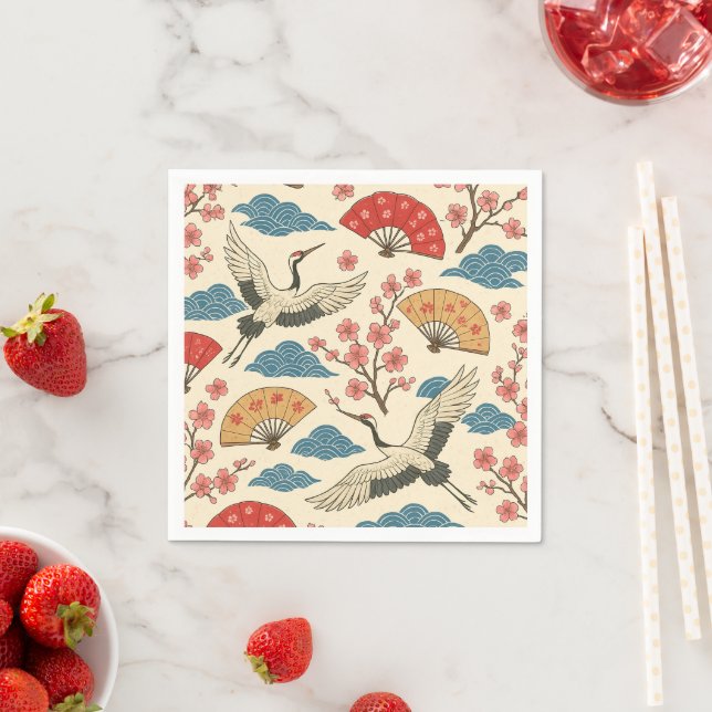 Traditional Japanese Crane & Sakura Pattern Decor Napkin (Insitu)