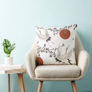 Traditional Japanese crane with plum blossom Cushion