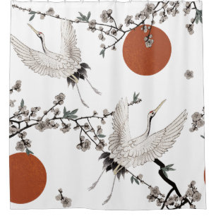 Traditional Japanese crane with plum blossom Shower Curtain