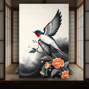 Traditional Japanese Elegant Flying Swallow Bird Poster