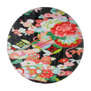 Traditional Japanese Floral Flower Black Red Glass Cutting Board