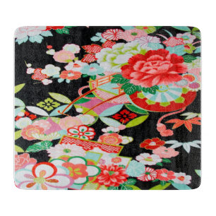 Traditional Japanese Floral Flower Black Red Glass Cutting Board