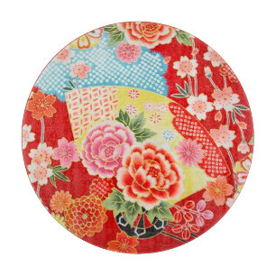 Traditional Japanese Floral Red Yellow Glass Cutting Board