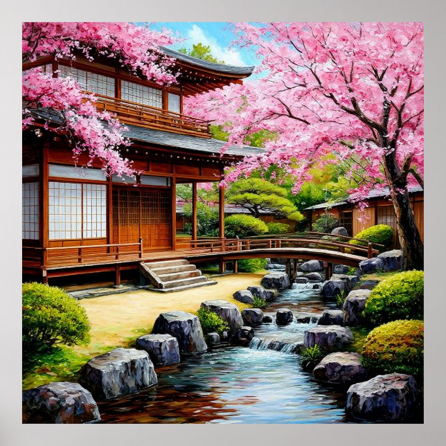 Traditional Japanese Garden With Cherry Blossoms Poster (Front)