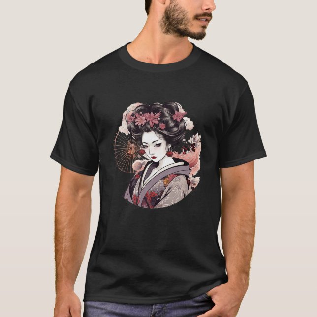 Traditional Japanese Geisha Beautiful Tattoo Graph T-Shirt (Front)