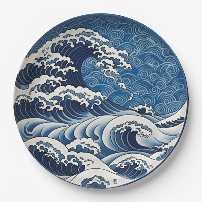 Traditional Japanese Great Wave Ceramic Design Paper Plate (Front)