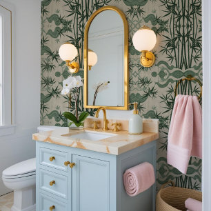 Traditional Japanese Green & Beige Bamboo Cherry B Wallpaper