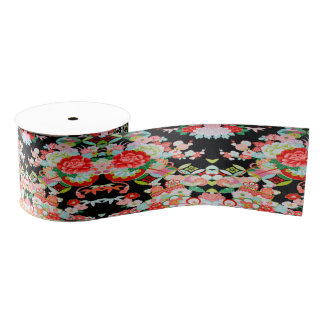 Traditional Japanese Kimono Floral Black Red  Grosgrain Ribbon