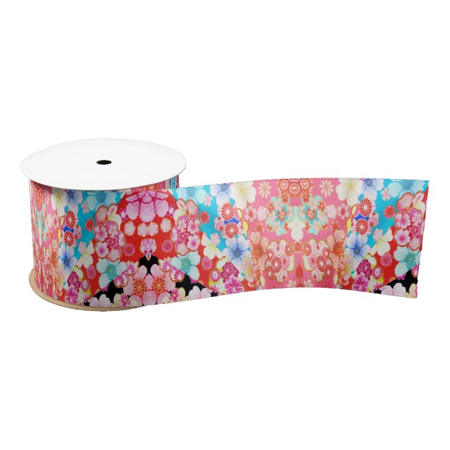 Traditional Japanese Kimono Floral Pink Blue Red  Satin Ribbon (Spool)