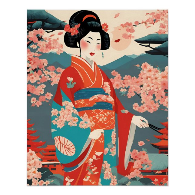 Traditional Japanese Kimono Woman Vintage Art Poster (Front)