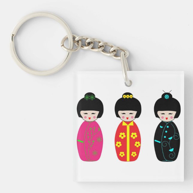 Traditional Japanese Kokeshi Geisha Dolls Key Ring (Front)
