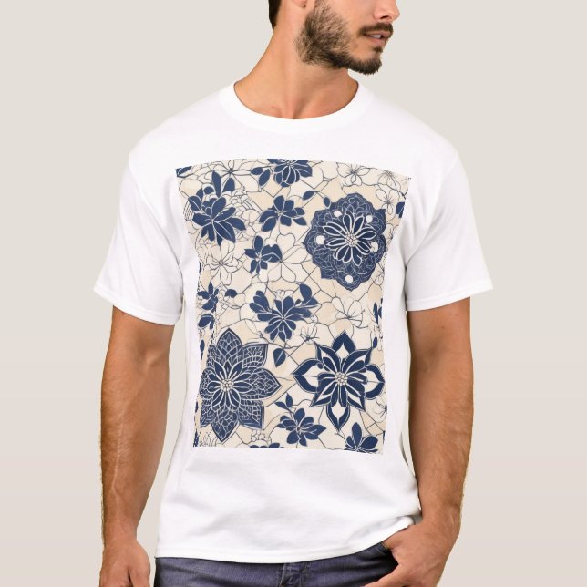Traditional Japanese Pattern Design Fabric Print T-Shirt (Front)