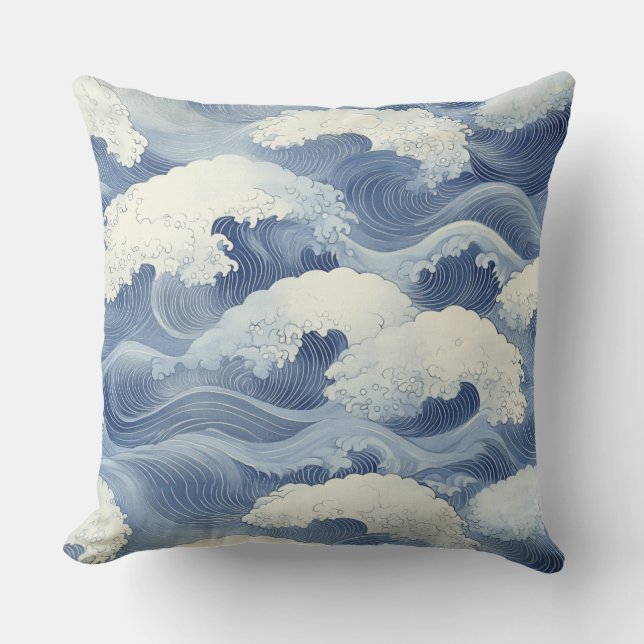 🌊 Traditional Japanese Pattern of Blue Waves 🌊 Cushion (Front)