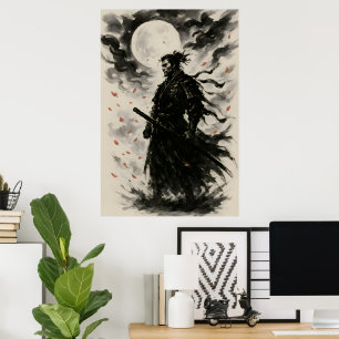 Traditional Japanese Samurai Warrior Poster Ink