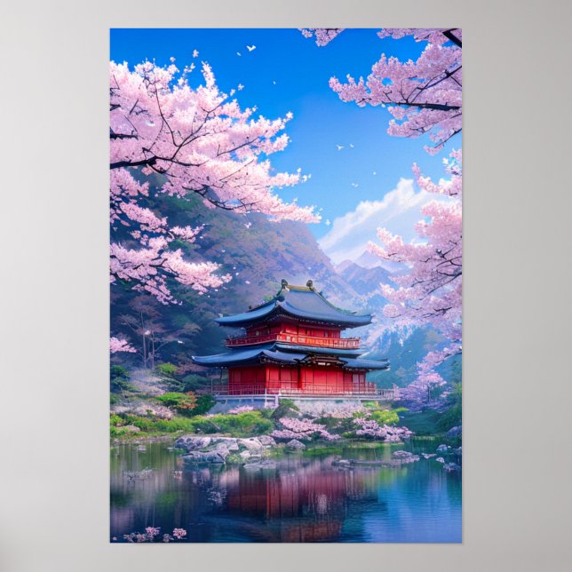 Traditional Japanese Temple by the Calm Lake Poster (Front)