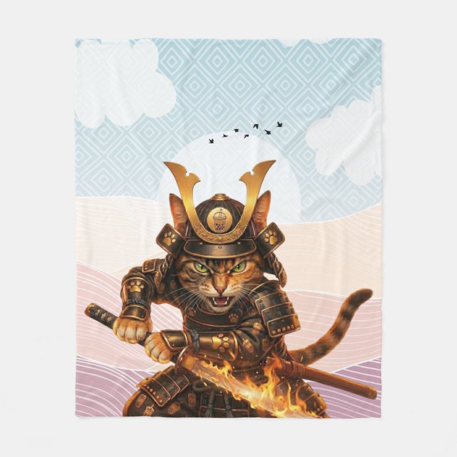 Traditional Japanese Wave Samurai Cat  Zen Blanket (Front)