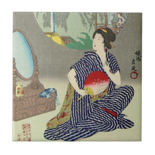 Traditional Japanese Woodprint Geisha Ceramic Tile