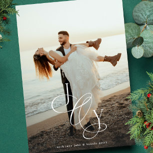 Traditional JOY Calligraphy Christmas One Photo Holiday Card