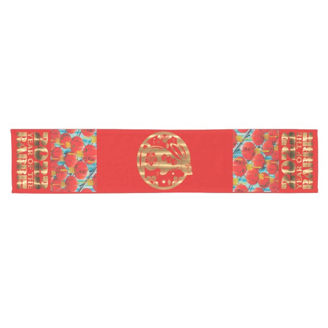 Traditional Lanterns Red and Gold Rabbit Chinese Short Table Runner (Horizontal)