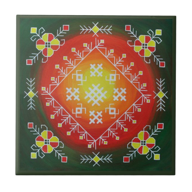 Traditional Latvian folk art with symbols painting Ceramic Tile (Front)