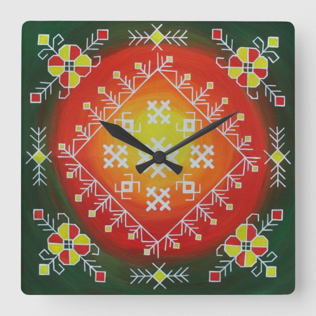Traditional Latvian folk art with symbols painting Square Wall Clock (Front)