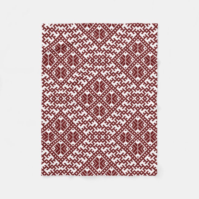 Traditional Latvian Red Design pattern Auseklis Fleece Blanket (Front)