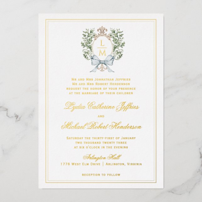 Traditional Leaf Crest Monogram Foil Invitation (Front)