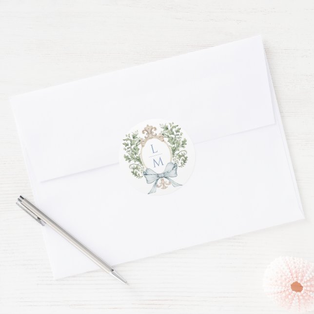 Traditional Leaf Crest w/ Bow | Monogram Wedding Classic Round Sticker (Envelope)