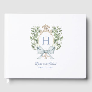 Traditional Leaf Crest w/ Bow   Monogram Wedding Guest Book
