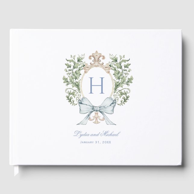 Traditional Leaf Crest w/ Bow | Monogram Wedding Guest Book (Front)