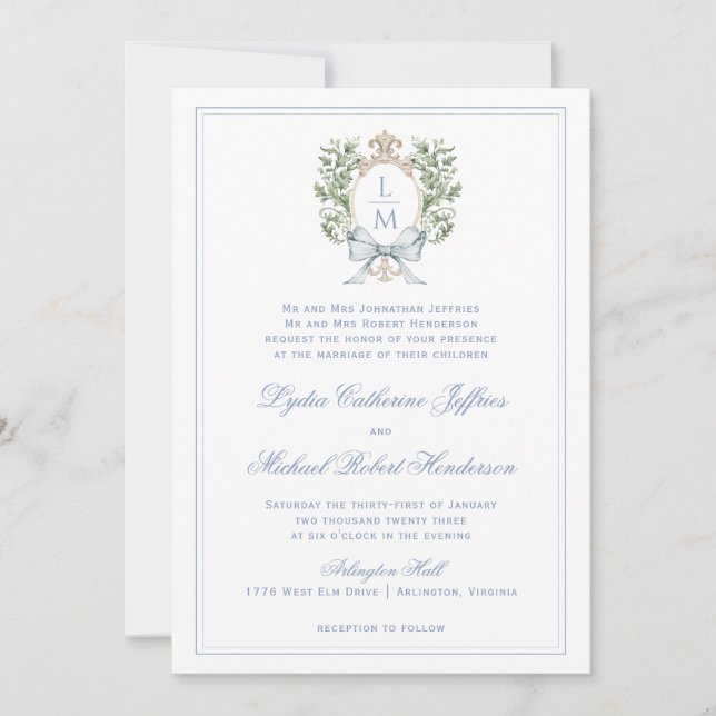 Traditional Leaf Crest w/ Bow | Monogram Wedding Invitation (Front)