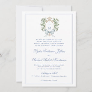 Traditional Leaf Crest w/ Bow   Monogram Wedding Invitation